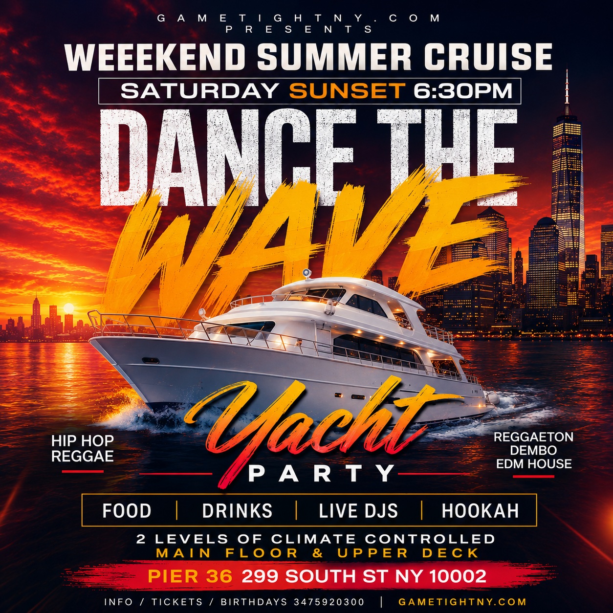 NYC DANCE THE WAVE BOOZE CRUISE SATURDAY SUNSET YACHT PARTY 2026 — event image